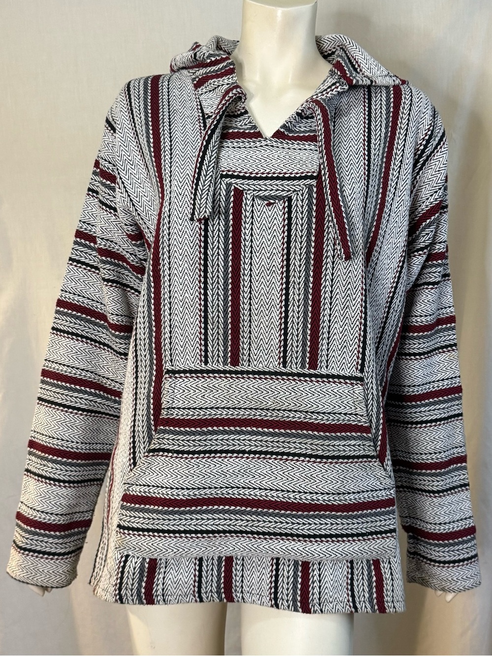 Original Señor Lopez Baja Hoodie Gray Burgundy Striped Pullover size medium